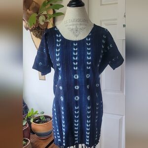 Mira Blackman Handwoven African Indigo Tunic Shirt Blue Gold Size L
